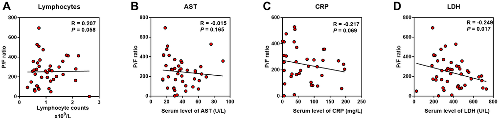 Predictive factors correlated with lung injury of COVID-19 patients. Correlation analysis was performed between the indicators with P/F ratio. (A–C) Lymphocyte counts, AST and CRP were not correlated with P/F ratio; (D), LDH was negatively correlated with P/F ratio.