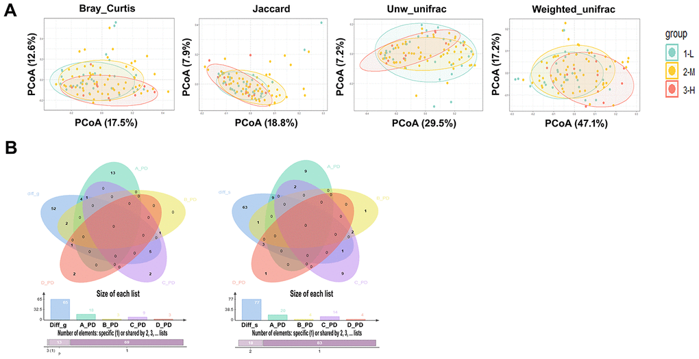 The study of salivary microbiota changes and periodontitis. (A) PCoA results of the salivary microbiota calculated by the severity of different periodontitis in all individuals, the p values were obtained by ADONIS (permutational MANOVA) analysis with Bray Curtis, Jaccard, unweighted and Weighted Unifracs. (B) The bacterial genera (Left) and species (Right) with significant changes in L, M, and H stage of periodontitis in healthy individuals were not included as the differential genera and species in the onset and treatment of diabetes, and the p value showed no significant difference when these differential genera and species were used to compare the naïve diabetic group with the other three groups.