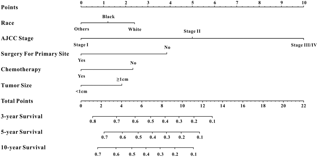 Survival nomogram. Prediction of 3-year, 5-year and 10-year OS in EODGC patients.