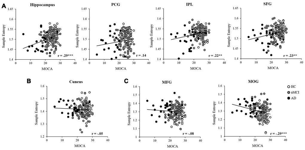 Partial correlation was applied to examine the relationships between MSE and MOCA in the entire sample, controlled for age, education, head motion, and GM. The entropy showed significant positive correlations in the hippocampus, IPL, and SFG (A), and negative correlation with the MOG (C). While no significant correlation was found between MOCA and entropy in the PCG (A), cuneus (B), and MFG (C). Note: PCG, precentral gyrus; IPL, intraparietal lobe; SFG, superior frontal gyrus; MFG, middle frontal gyrus; MOG, middle occipital gyrus; GM, gray matter. *, p