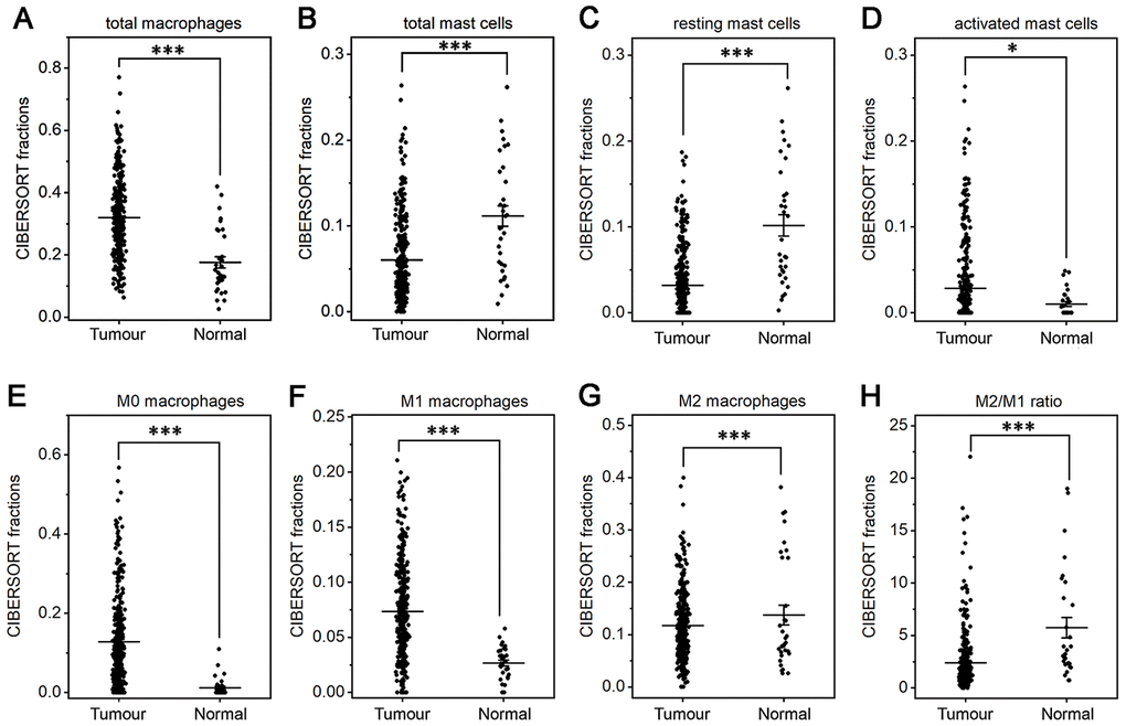 Fractions of macrophages and mast cells in gastric cancer and normal tissue. CIBERSORT was applied to analyze the fractions of TIICs, and each dot represents one sample. The mean±SD for each cell subtype including total macrophages (A), total mast cells (B), resting mast cells (C), activated mast cells (D), M0 macrophages (E), M1 macrophages (F), M2 macrophages (G) and for the M2/M1 ratio (H) was calculated and compared using one-way ANOVA. *PP