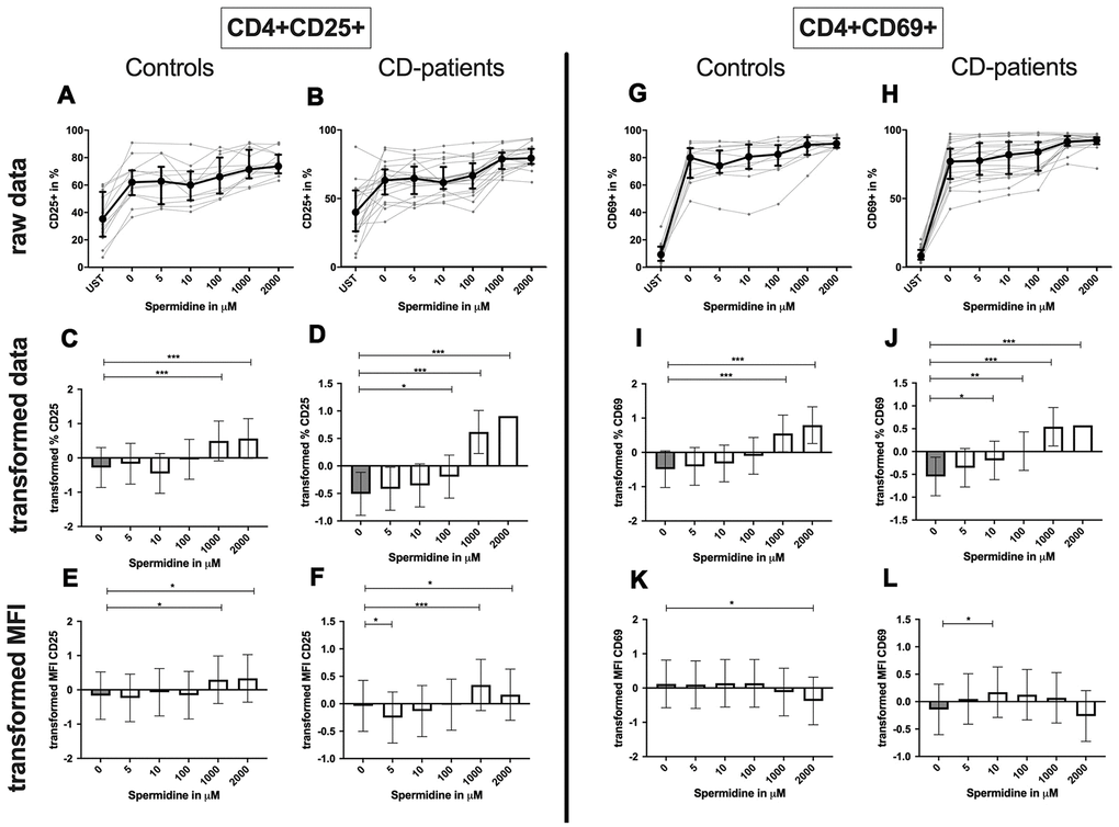 Activation marker CD25, CD69 of CD4+ T helper-cells treated with Spermidine for cognitive decline patients and controls. T-cells were isolated from controls (A, C, E, G, I, K) and patients with cognitive decline (B, D, F, H, J, L). CD3/CD28 stimulated T-cells were incubated for 24 hours with 5, 10, 100, 1000, 2000 μM Spermidine. Percentage (%) (A–D, G–J) and the expression (measured by median fluorescence intensity; MFI) (E, F, K, L) of activation marker – CD25 (A–F); CD69 (G–L). Markers were analysed on CD4+ T-cells. The data sets were not Gaussian-distributed and therefore transformed by R studio orderNorm using the bestNormalize package and analyzed. Raw data (individual data, median + interquantile ranges) and transformed data (mean with lower and upper confidence limits) are depicted for %. ncontrol = 12; nCD-patient = 20; * p