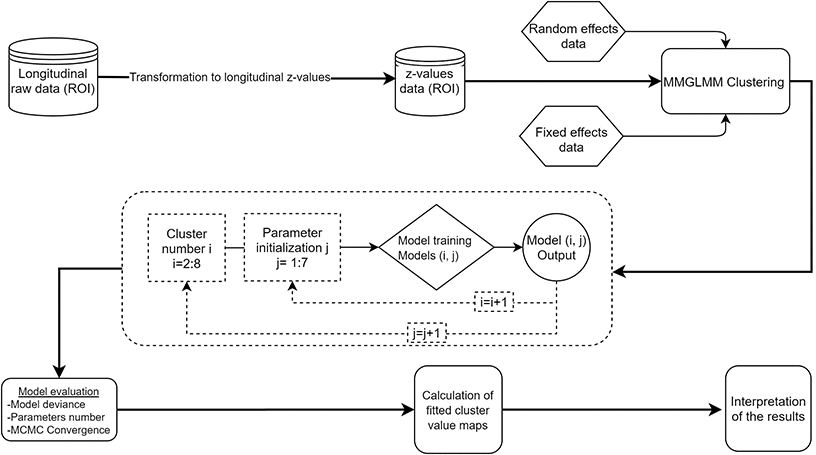 Flowchart of the analysis. The schematic representation of the analysis shows that all the steps after the data standardization are accomplished within the clustering and not in separate pipeline fashion like steps. ROI: region of interest, MMGLMM: Multivariate Mixture of Generalized Mixed effect Models.