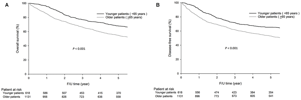 The 5-year OS (68.0% vs. 54.6%, PP The survival curves are shown as follows: (A) OS curves of GC patients. (B) DFS curves of GC patients.