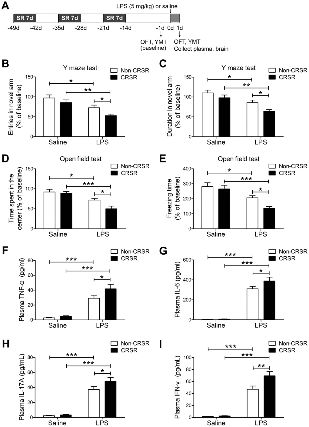 Effects of chronic and repeated short-term sleep restriction (CRSR) on lipopolysaccharide (LPS)-induced cognitive deficits, anxiety-like behavior, and systemic inflammation. (A) Experimental schematic. Adult mice were subjected to CRSR consisting of 3 repeated cycles of 7-day sleep restriction with an interval of 7 days. LPS (5 mg/kg) or 0.9% saline (5 mL/kg) was administrated intraperitoneally 14 days after the last cycle of sleep restriction. In the Y maze test (YMT), the number of entries (B) and time spent in the novel arm (C) were assessed in each group 1 day prior to LPS treatment as a baseline and 2 days after LPS treatment. LPS-induced decreases in the number of entries and time spent in the novel arm were exaggerated by CRSR. In the OFT, time spent in the center (D) and freezing time (E) were assessed in each group 1 day prior to LPS treatment as a baseline and 2 days after LPS treatment. LPS-induced decreases in time spent in the center and freezing time were exaggerated by CRSR. Plasma was collected 24 hours after LPS treatment for enzyme linked immunosorbent assay (ELISA) detection of TNF-α (F), IL-6 (G), IL-17A (H) and IFN-γ (I) in each group. LPS-induced increases in hippocampal TNF-α, IL-6, IL-17A, and IFN-γ levels were exaggerated by CRSR. Data represent means ± SEM, n = 6; *P 