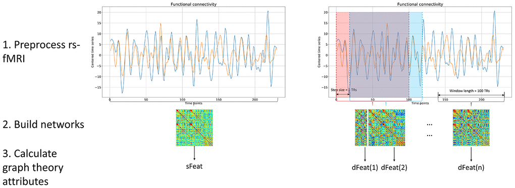 Processing pipeline. Both static and dynamic functional connectivity was calculated based on BOLD fMRI signal. For static functional connectivity, the pair-wise Pearson correlation between two regions was obtained using the whole time series. For dynamic functional connectivity, we utilized the sliding window method to produce a range of functional networks. After network construction, graph theory attributes were calculated based on each functional networks, yielding sFeat for static feature, and dFeats for dynamic features.