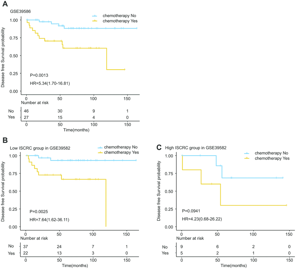 Kaplan-Meier estimates of the effect of adjuvant chemotherapy on patients’ DFS. To eliminate the selection bias, propensity score matching analysis was performed between chemotherapy and non-chemotherapy groups. The Kaplan-Meier plots were used to visualize the patients’ recurrence probabilities for chemotherapy versus non-chemotherapy group of patients in GSE39582. (A) Kaplan-Meier curves for total GSE39582 dataset (N=73); (B) Kaplan-Meier curves for low ISCRC patients in GSE39582 (N=59); (C) Kaplan-Meier curves for high ISCRC patients in GSE39582 (N=14). The tick marks on the Kaplan-Meier curves represent the censored subjects. The differences between the two curves were determined by the two-side log-rank test.