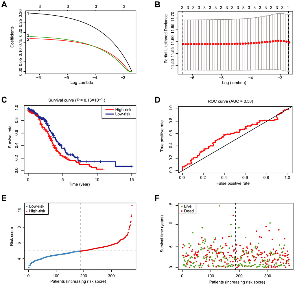 Risk signature with 18 m6A RNA methylation regulators. (A) LASSO regression analysis of the 18 m6A RNA methylation regulators. (B) Tenfold cross-validation for tuning the parameter selection in the LASSO regression. The solid vertical lines indicate the partial likelihood deviance with standard error. The dotted vertical lines represent the optimal values of the tuning parameter (λ) by minimum criteria. (C) Kaplan-Meier OS curves for patients in the TCGA datasets designated to high- and low-risk groups depended on the risk score. (D) ROC curves demonstrated the predictive efficiency of the risk signature in OC of TCGA datasets. (E–F) Risk score and survival status for each patient.