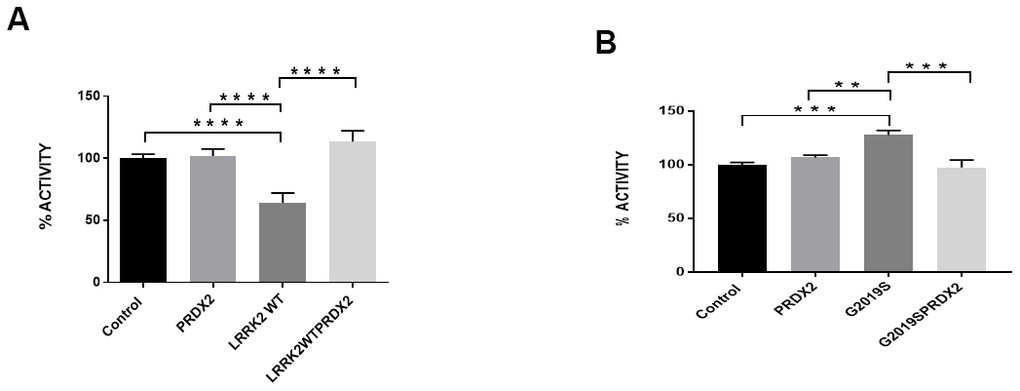 LRRK2 peroxidase activity. (A) Bar graph show LRRK2 WT peroxidase activity expressed as a percentage normalize to control. (B) Bar graph show G2019S peroxidase activity expressed as a percentage normalize to control. Significance indicated on the graph: *p