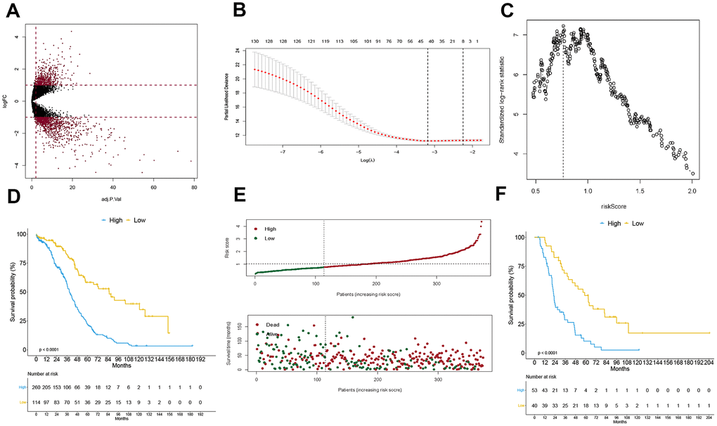 Construction of DEG signature. Volcano plot for displaying differentially expressed genes in GSE26712 cohort (A), the procedure of data dimension reduction by lasso algorithm to select the optimal candidate genes (B), and the optimal cutoff of DEG signature calculated by the maximally selected rank statistics (C), the Kaplan-Meier curve grouped by DEG signature in training cohort (D) and external validation cohort (F), and the risk score analysis in the training cohort (E).