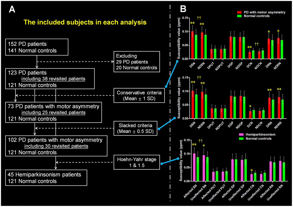 The definition of PD patients with motor asymmetry and the intergroup difference of regional tissue susceptibility. (A) The PD patients with significant motor asymmetry defined by using three objective criteria: conservative criterion, slacked criterion and hemiparkinsonism inclusion. (B) The inter-group differences between normal controls and PD patients with significant motor asymmetry that were defined by the three criteria mentioned above. */** are relating to the intergroup difference of regional tissue susceptibility. † is relating to the hemispherical difference (dominantly affected nucleus vs. non-dominantly affected nucleus) of regional tissue susceptibility. *: p 