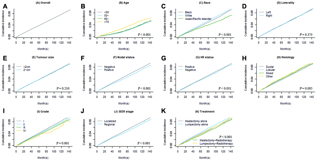 Overall cumulative incidence function (CIF) curve of second primary non-BC (A) and CIF curves grouped by each covariate (B–K).