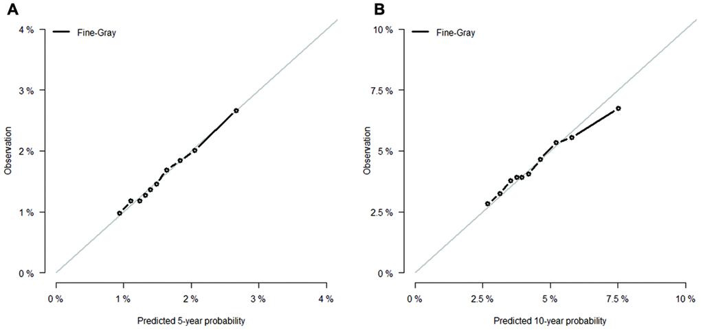 Calibration curves for (A) 5- and (B) 10-year predictions from Fine-Gray model. X-axes indicate predicted 5- or 10-year probabilities; Y-axes indicate actual observations.