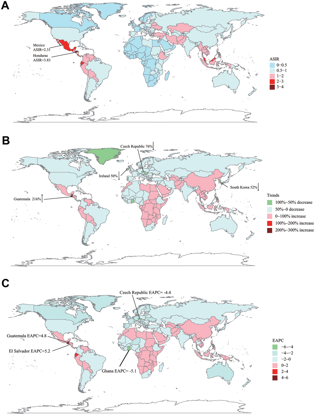 The global disease burden of ALL in 195 countries or territories. (A) The ASIR of ALL in 2017. (B) The relative incidences change of ALL between 1990 and 2017. (C) The EAPC of ALL's ASIR from 1990 to 2017. ASIR: age-standardized incidence rate; EAPC: estimated annual percentage change.