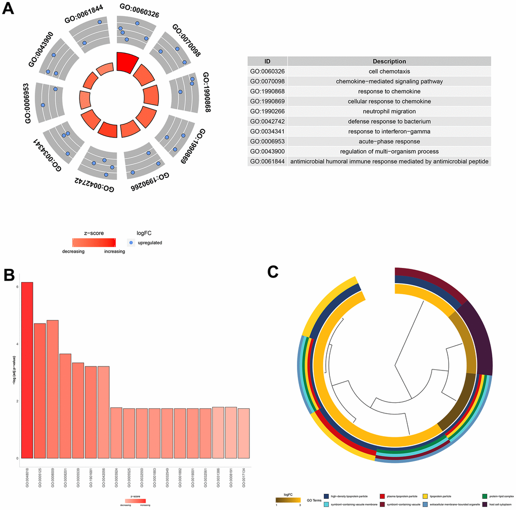 GO functional analysis of the 11 core DEGs related to the therapeutic effect of AST. (A) Top 10 significantly (PB) Significantly (PC) Top 8 significantly (P