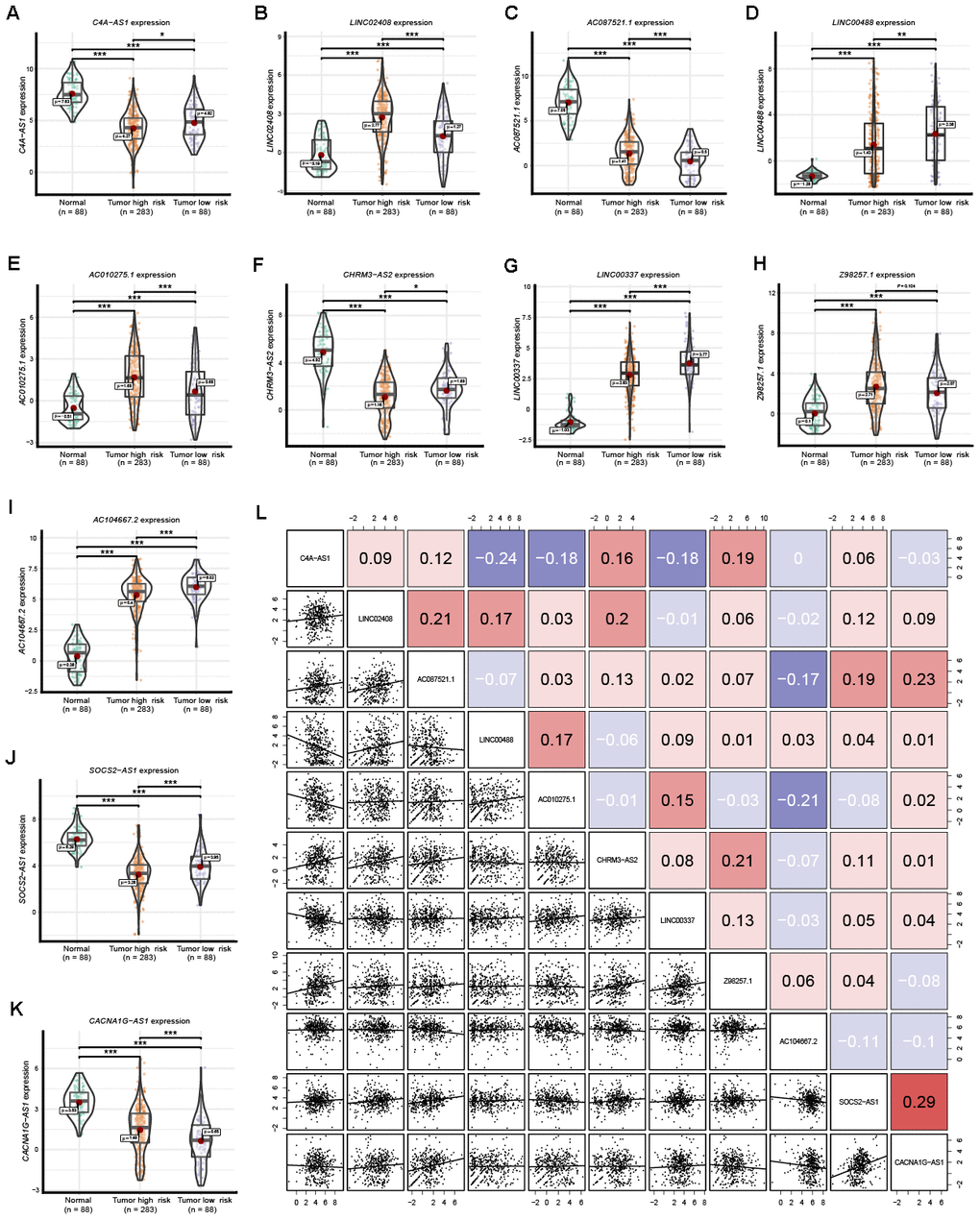 Expression of the 11 prognostic signature lncRNAs among normal ovarian tissues, SOC tumor high-risk and SOC tumor low-risk groups. (A–K) The expression level of the 11 prognostic signature RNAs among normal tissue, high-risk and low-risk groups. (L) Correlation among these 11 prognostic signature RNAs. Numbers indicate the Pearson coefficients.