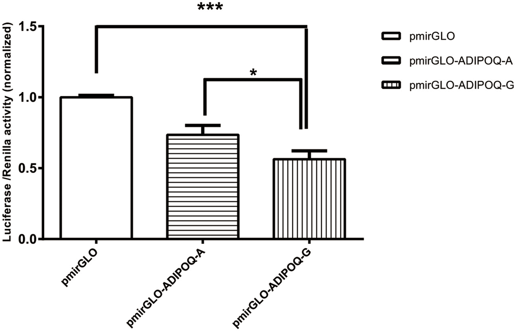 The luciferase activity of the two recombinant DNA plasmids ADIPOQ-A (wild type) and ADIPOQ-G (mutant type) transfected in HEK293 cells was graphed after normalization against the plasmid pmirGLO expressing the Renilla luciferase gene. Data for rs6773957 pmirGLO, pmirGLO-ADIPOQ-A and pmirGLO-ADIPOQ-G are presented as the mean and SD of n=9 samples. ***, p 0.001, one-way ANOVA test.