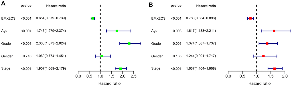 Forest plot of Cox regression analysis in KIRC. (A) Forest plot of univariate Cox regression analysis. (B) Forest plot of multivariate Cox regression analysis.