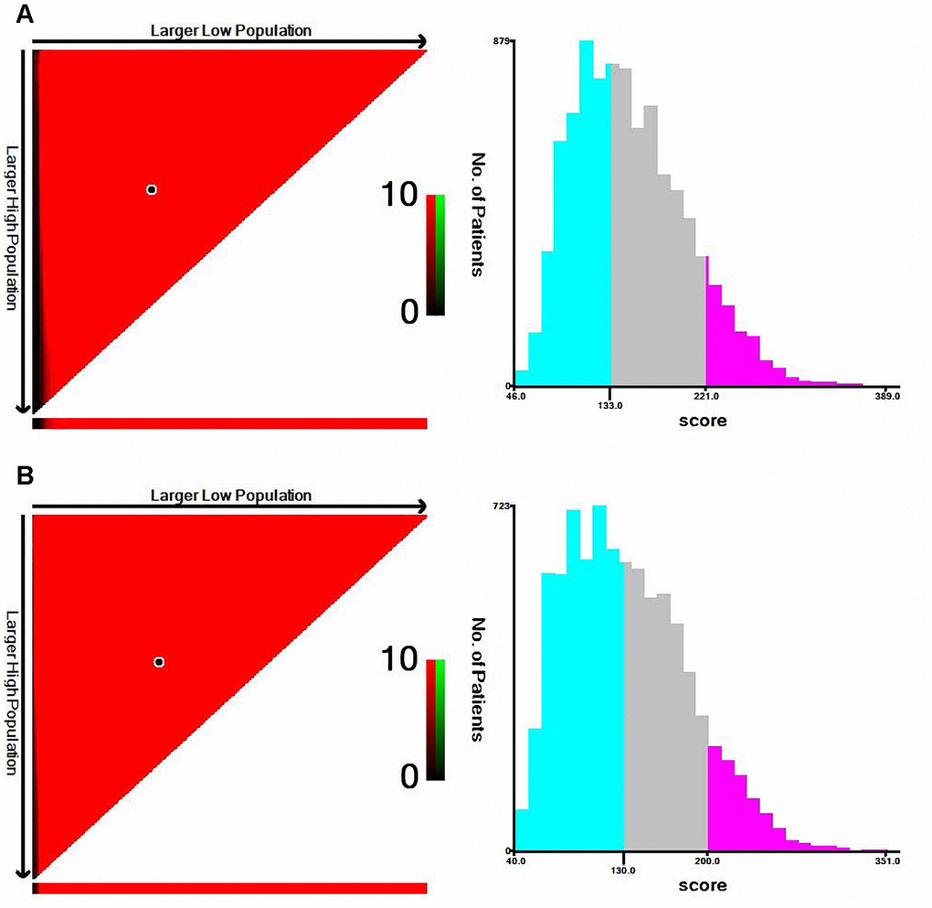 The cut-off values were calculated by using X-tile based on the total scores of nomograms. (A) The cut-off values were 133 and 221 for OS. (B) The cut-off values were 130 and 200 for CSS.