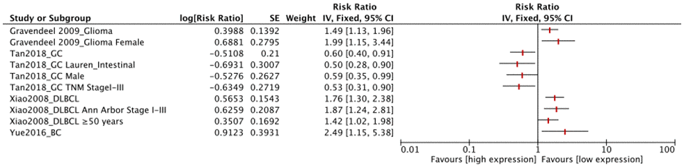 Forest plots of associations between FUT8 expression and tumor overall survival in single clinical features studied.