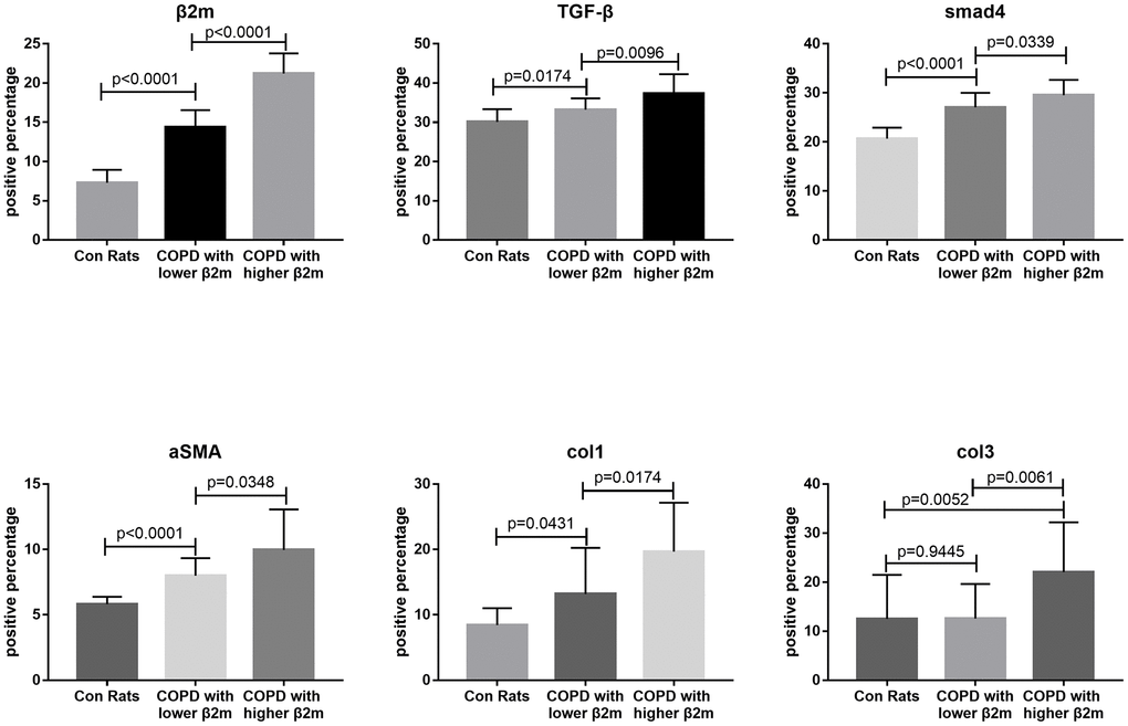 Immunohistochemical staining quantitative traits of lung tissue from rats. This figure means quantified Figure 4. Every Each individual bar chart is factor immunohistochemical staining quantitative traits of lung tissue from rats. Factors including: β2M, TGF-β1, Smad4, a-SMA, col1, col3. P