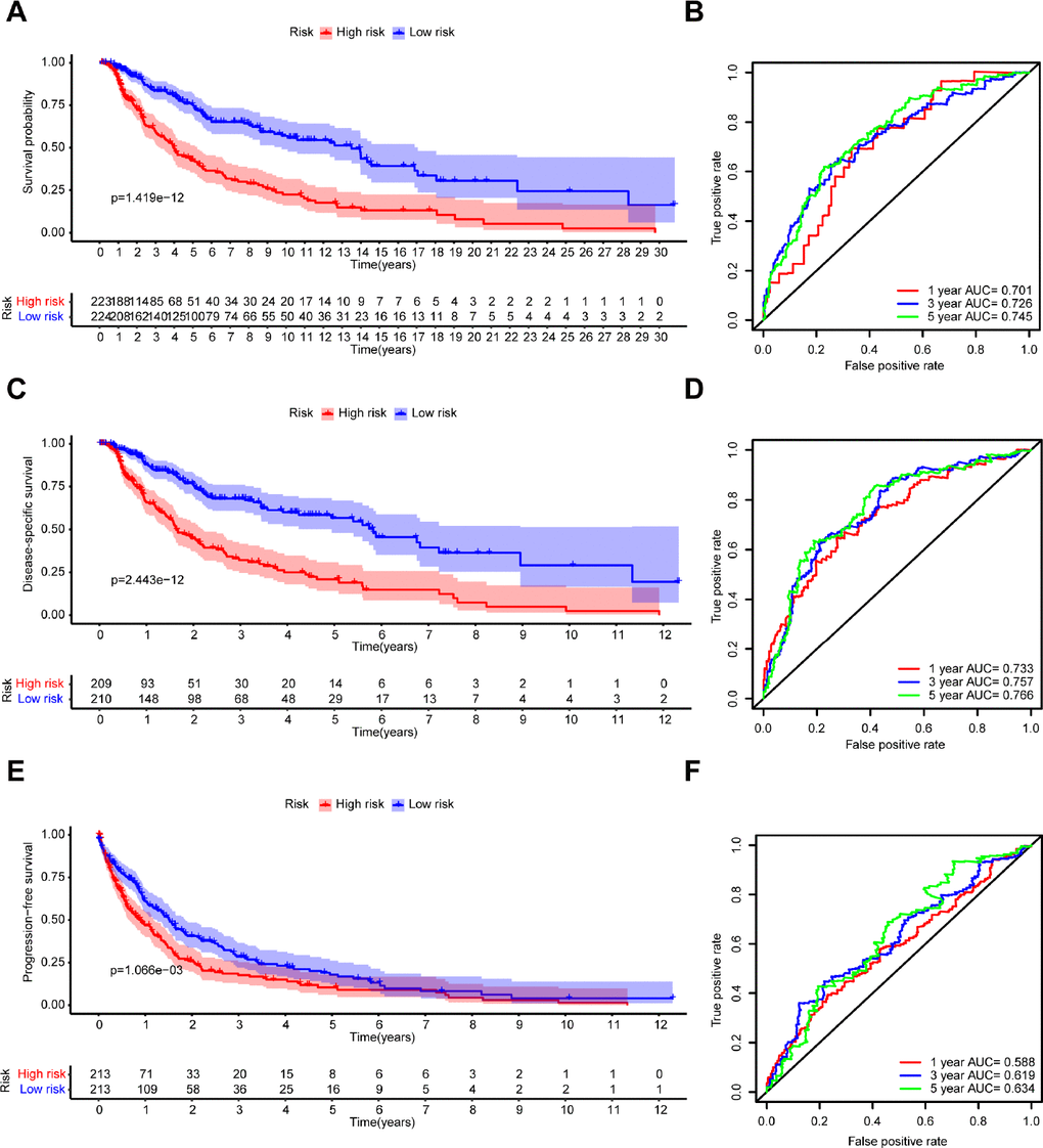 Kaplan–Meier survival analysis and time-dependent ROC analysis of the 7-gene prognostic signature in the TCGA dataset. Kaplan-Meier survival curves and ROC curves of (A, B) OS, (C, D) DSS, and (E, F) PFS in patients with melanoma.