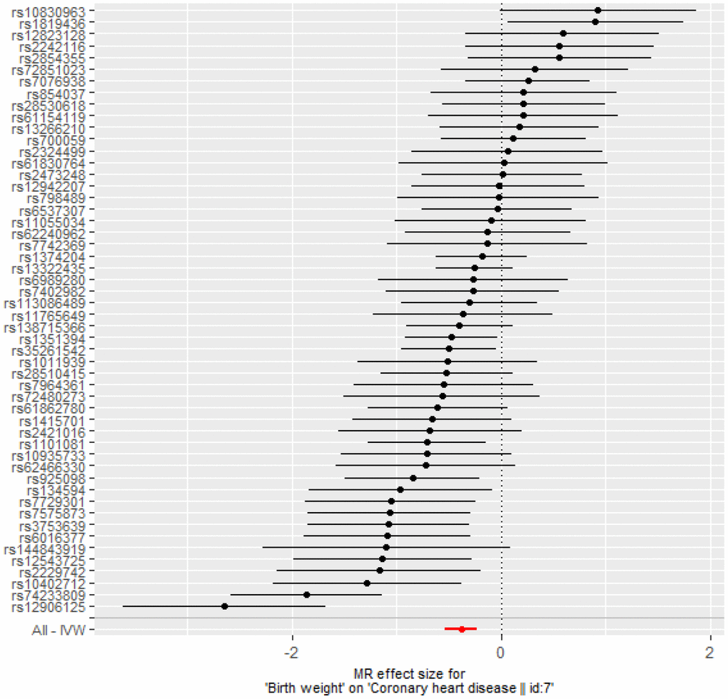 Forest plot of MR estimates BW on CAD. The estimated causal effect of BW on CAD was expressed by IVW (OR= 0.68, 95% CI: 0.59 to 0.80, p = 1.57× 10-6).