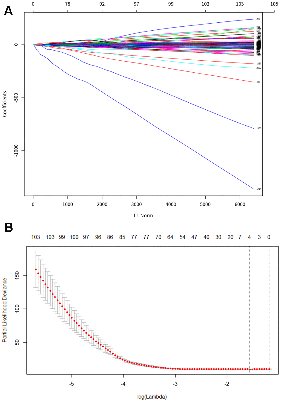 LASSO regression analysis to construct PDAC specific diagnosis model. (A) Least absolute shrinkage and selection operator (LASSO) coefficient profiles of differential methylation site. (B) Cross-validation for tuning parameter selection in the LASSO model, the two dotted vertical lines are drawn at the optimal values by lambda. min 0.06973033 and lambda.1se 0.2032676.
