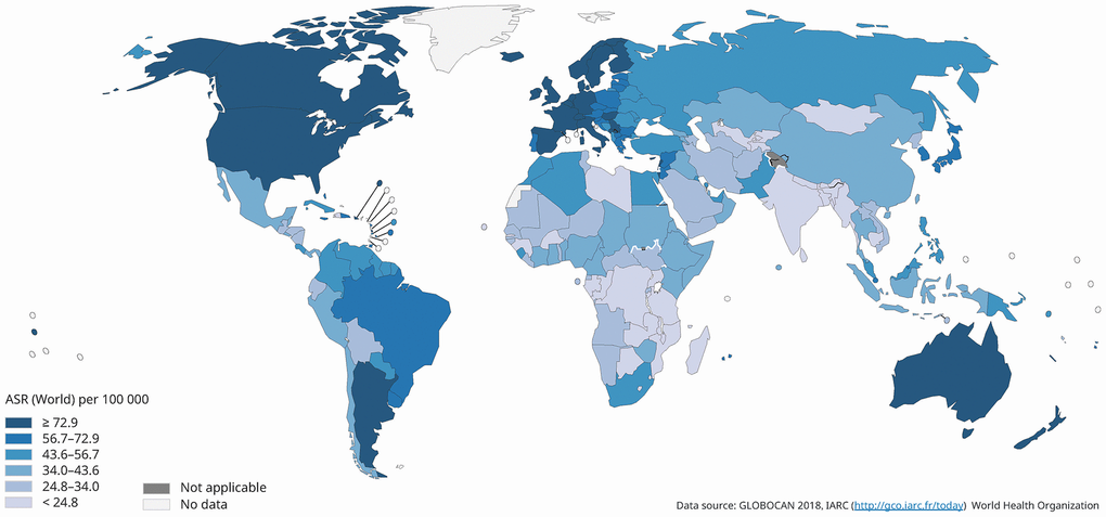 Global estimated incidence of breast cancer in 2018, females, all ages.