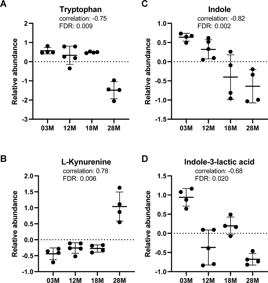 Tryptophan metabolism was altered in aging. (A) Tryptophan and (B) L-kynurenine, metabolite from tryptophan catabolism by host. (C, D) indole and indole-3-lactic acid, metabolites from tryptophan catabolism by gut bacteria. n=4, 5, 4 and 4 for the 3-, 12-, 18- and 28 months old (3M, 12M, 18M, 28M) groups, respectively.