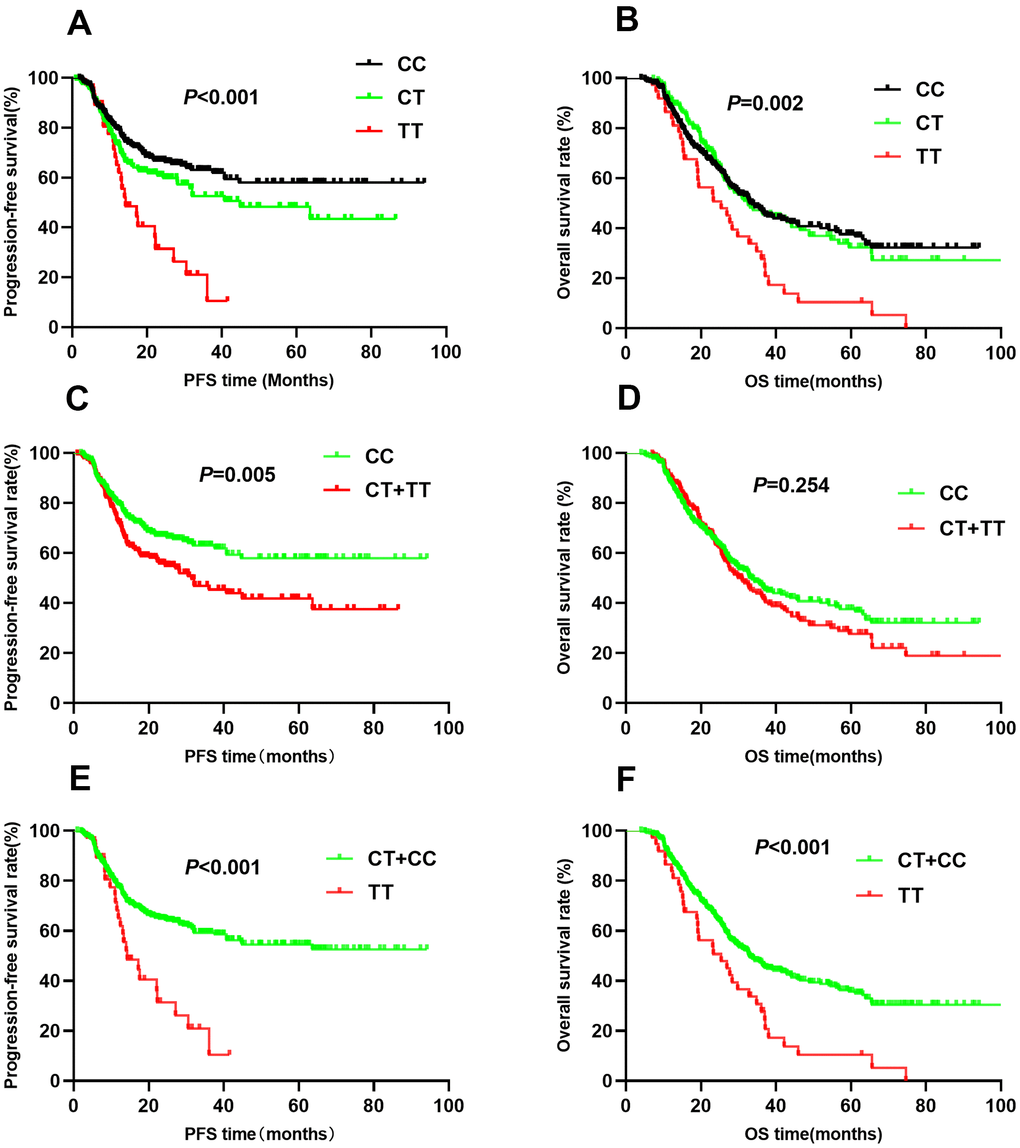 Kaplan-Meier survival curve analysis showing progression-free survival ((A) CC vs CT vs TT, (C) CT+TT vs CC, (E) TT vs CT+CC) and overall survival ((B) CC vs CT vs TT, (D) CT+TT vs CC, (F) TT vs CT+CC) of NSCLC patients with HIF1-alpha rs2057482.