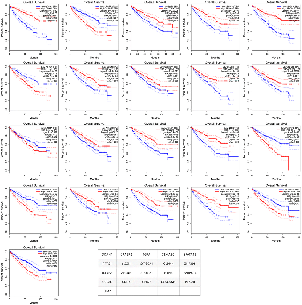 The survival curves of the 21 prognosis-related genes used for constructing the mPS system.