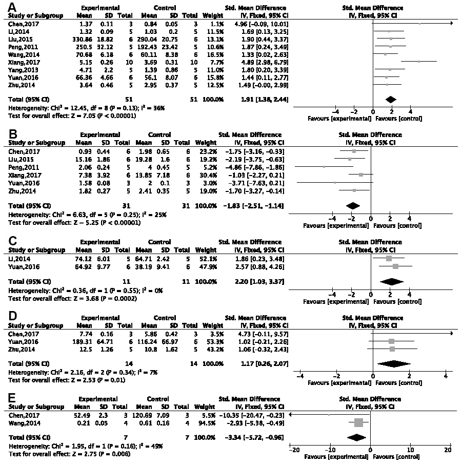 Forest plots of the effect of ginsenoside Rg1 for anti-oxidation. Ginsenoside Rg1 (A) improved the activity of SOD; (B) decreased the level of MDA; (C) improved the activity of GSH; (D) improved the activity of GSH-PX; (E) decreased the level of ROS compared with a control group.