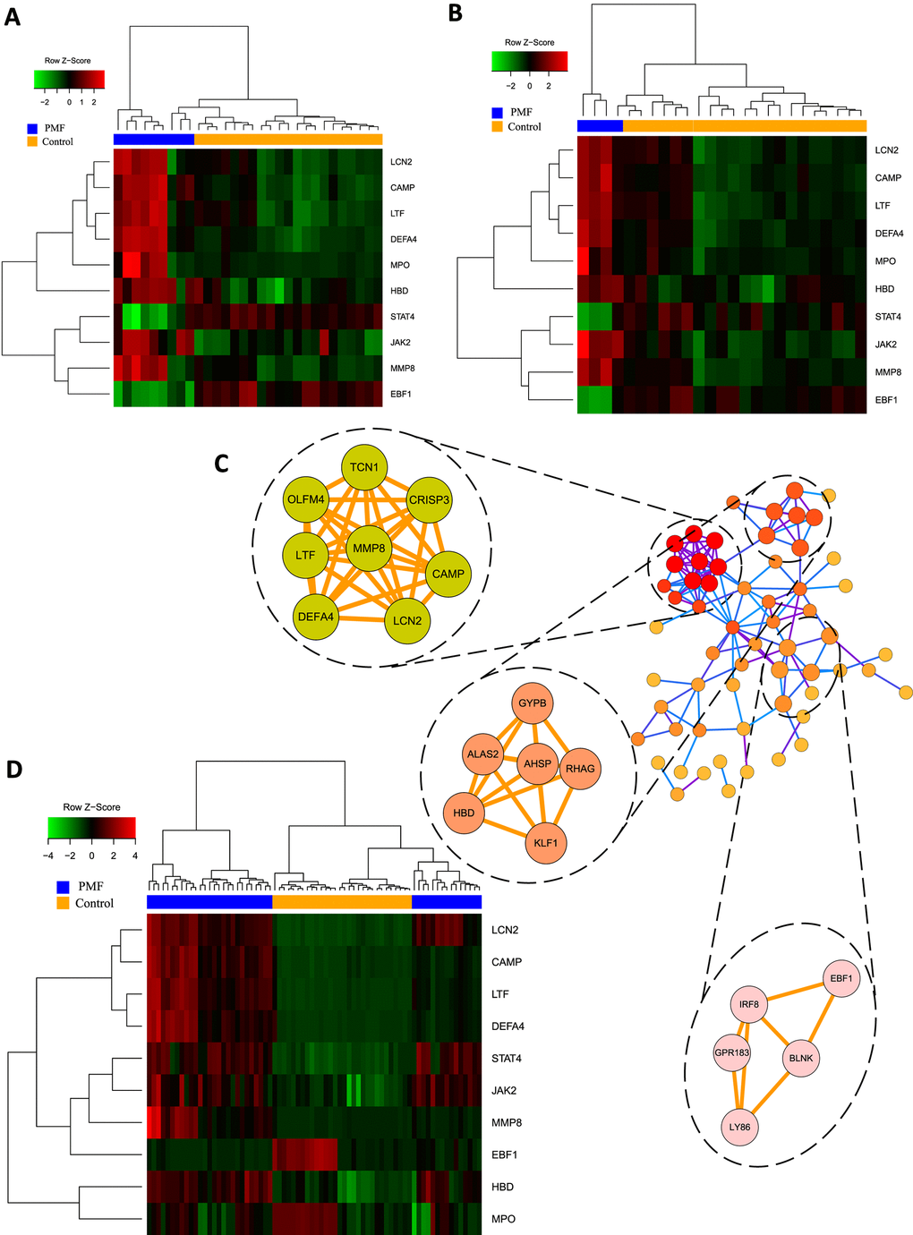 (A) Hub genes expression heatmap of GSE26049. (B) Hub genes expression heatmap of GSE61629. (C) Visualization of protein-protein interaction network and the top 3 modules from the PPI network. (D) Hub genes expression heatmap of GSE53482.