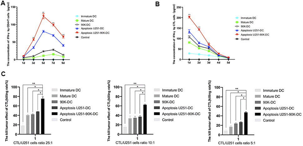 Combination of apoptosis U251 cells and 90K protein pulsed DC vaccine increased the IFN-γ secretion of CD4+T and CTL cells and the GBM lethal effect of CTL cells. (A) The secretion of IFN-γ in CD4+T cells by different DC vaccines (n=5). (B) The secretion of IFN-γ in CTL cells by different DC vaccines (n=5). (C) The lethal effect of CTL to U251 cells by co-cultured with different DC vaccines by CTL/U251 cells ratio at 25:1, 10:1, 5:1 (n=5). * indicates p value 