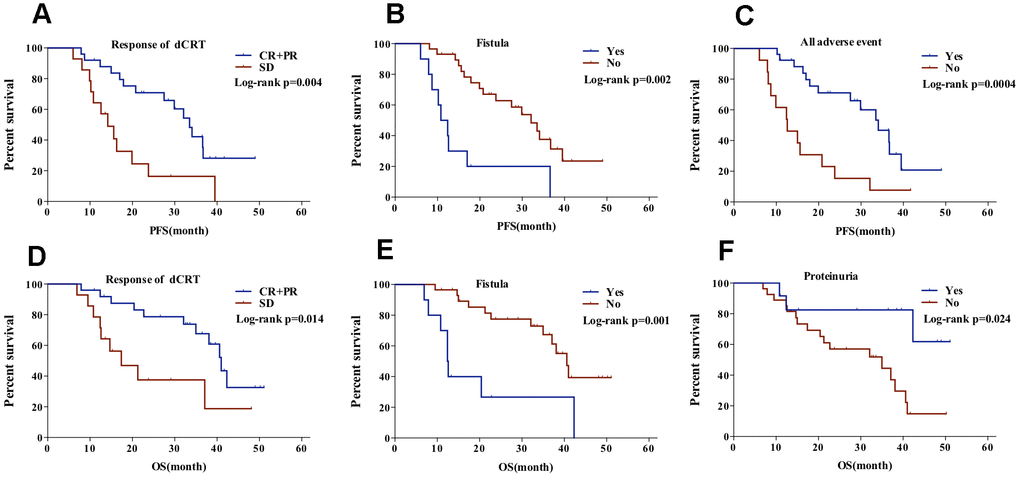 PFS of patients (A) with CR+PR vs SD after dCRT, (B) with vs without fistula, and (C) with vs without any adverse event; OS of patients with (D) CR+PR vs SD after dCRT, (E) with vs without fistula, and (F) with vs without proteinuria.