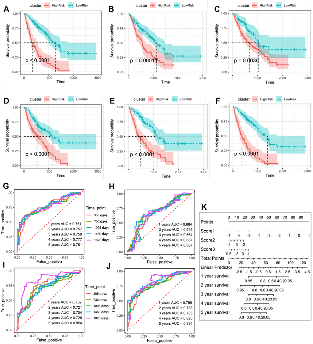 (A) Kaplan–Meier plot of overall survival in two clusters based on the risk models of m6A-related-CoV genes (Score 1). (B) Kaplan–Meier plot of overall survival in two clusters based on the risk models of m6A-CoV related lncRNAs (Score 2). (C) Kaplan–Meier plot of overall survival in two clusters based on the risk models of ESTIMATE immune score. (D) Kaplan–Meier plot of overall survival in two clusters based on the risk models of 3 immune cells’ infiltration. (E) Kaplan–Meier plot of overall survival in two clusters based on the risk models of SARS-CoV-2 related immune infiltration patterns (Score 3). (F) Kaplan–Meier plot of overall survival in two clusters based on the risk models of the combined Cox regression model. (G) The ROC curve in the risk models of m6A-related-CoV genes (Score 1). (H) The ROC curve in the risk models of m6A-CoV related lncRNAs (Score 2). (I) The ROC curve in the risk models of SARS-CoV-2 related immune infiltration patterns (Score 3). (J) The ROC curve in the risk models of the combined Cox regression model. (K) The nomogram for the 1–5-year overall survival based on the combined Cox regression model.