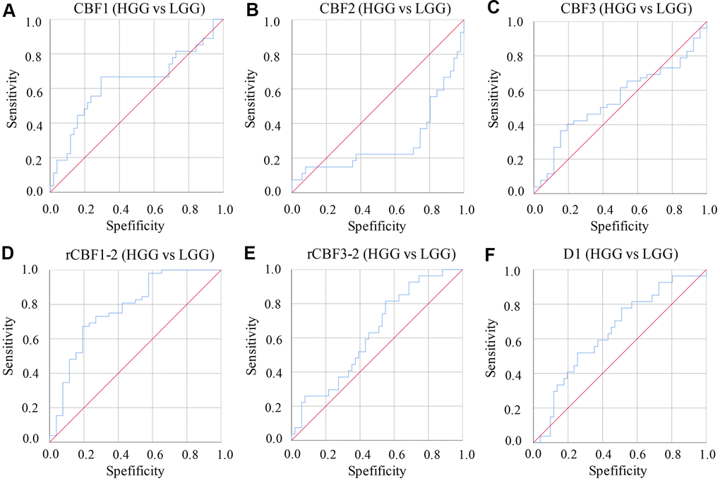 ROC curves of parameters derived from IVIM-DWI between group LGG and HGG. (A) ROC of CBF1 in differentiating LGG and HGG; (B) ROC of CBF2 in differentiating LGG and HGG; (C) ROC of CBF3 in differentiating LGG and HGG; (D) ROC of rCBF1-2 in differentiating LGG and HGG; (E) ROC of rCBF3-2 in differentiating LGG and HGG; (F) ROC of D1 in differentiating LGG and HGG. (cerebral blood flow: CBF; the CBF of tumor parenchyma areas: CBF1; the CBF of mirror side normal areas: CBF2; the CBF of peritumoral areas: CBF3; rCBF1-2= CBF1/CBF2; rCBF3-2= CBF3/CBF2).