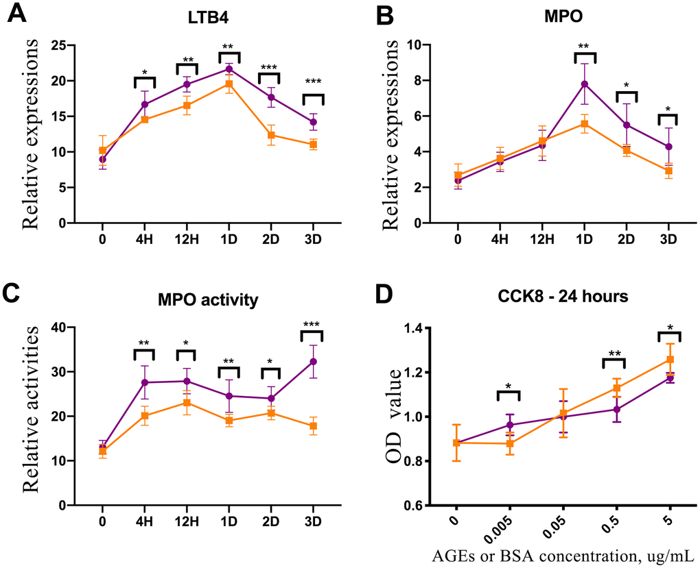 Enzyme-linked immunosorbent assay (ELISA) experiment of rat skin and CCK-8 test of advanced glycation end product (AGE)-stimulated neutrophils. (A) Leukotriene B4 (LTB4) expression in diabetic and control rat skin at different time points after injury. (B) Myeloperoxidase (MPO) expression in diabetic and control rat skin. (C) The results of MPO activity in diabetic and control rat skin. (D) CCK-8 test for neutrophils that were stimulated by AGEs and bovine serum albumin (BSA) for 24 h. *: P