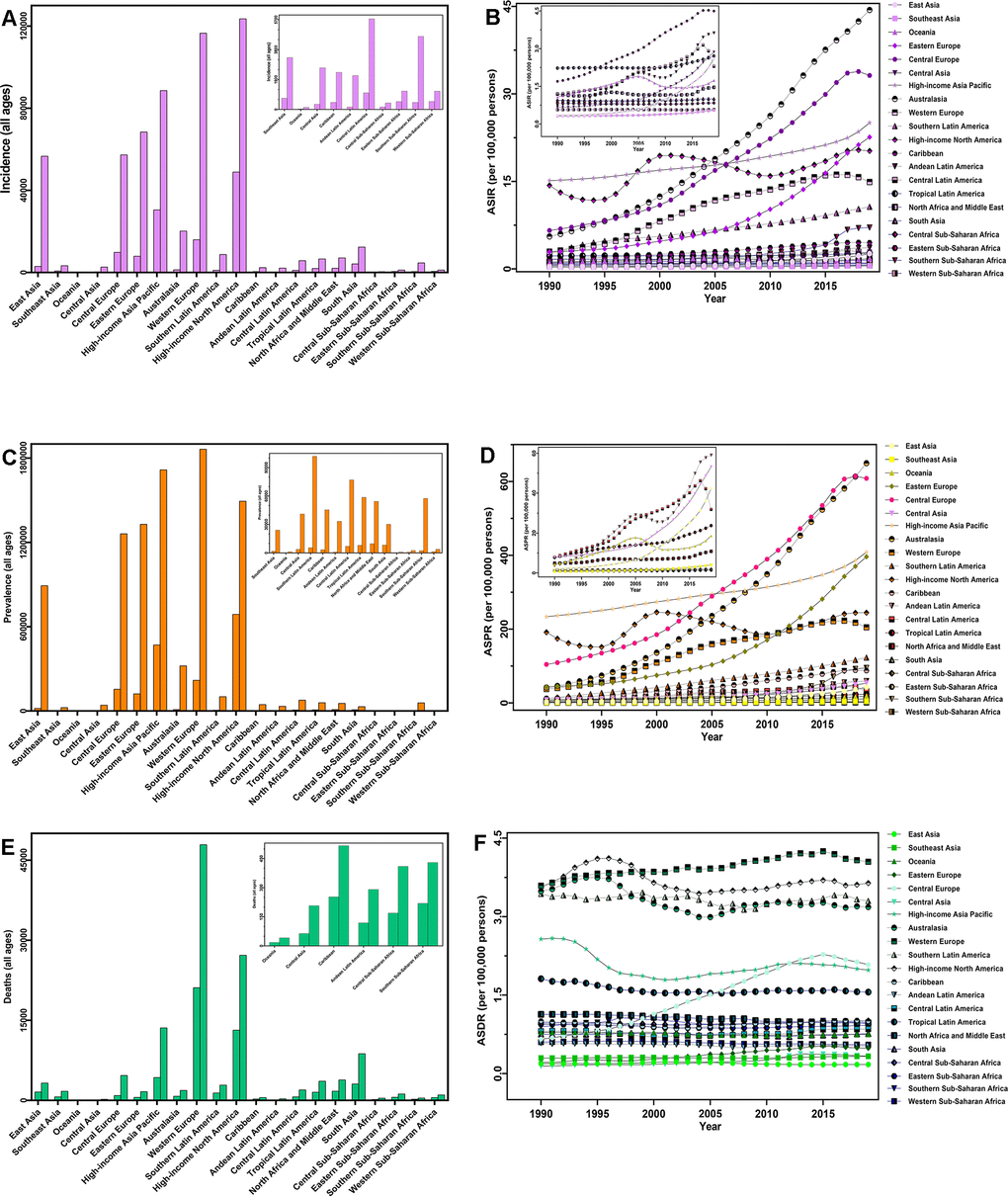 The disease burden of CAVD in 21 GBD regions from 1990 to 2019. (A) Incident cases; (B) ASIR; (C) prevalent cases; (D) ASPR; (E) deaths; (F) ASDR. Abbreviations: CAVD, calcific aortic valve disease; GBD, global burden of disease; ASIR, age-standardized incidence rate; ASPR, age-standardized prevalence rate; ASDR, age-standardized deaths rate.