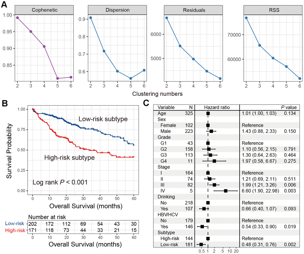 Identification of the immune low-risk subtype of HCC in TCGA. (A) Associations between NMF coefficients and clustering numbers. (B) Kaplan-Meier survival analysis of identified low-risk and high-risk subtypes. (C) Forest plot of multivariate Cox regression model with HCC clinical factors taken into account.