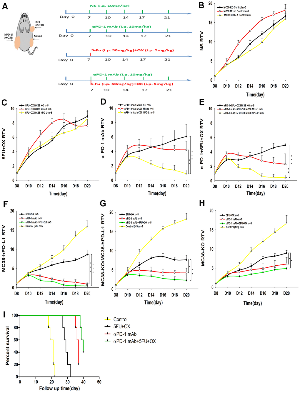 Effect of different treatments on tumor growth in tumor-bearing mice. (A) Treatment schedules. (B–H) Tumor growth delay cure (n=5) (B) The growth cure of different tumors with normal saline. (MC38-KO, black; MC38 Mixed, red; MC38 hPD-L1, yellow). (C–E) Different treatment methods for different tumors. (F–H) The growth of different tumors treated with 5Fu and Oxaliplatin (OX), anti-PD-1, or combined treatment. (I) Mice survival analysis. ***P **P *P 