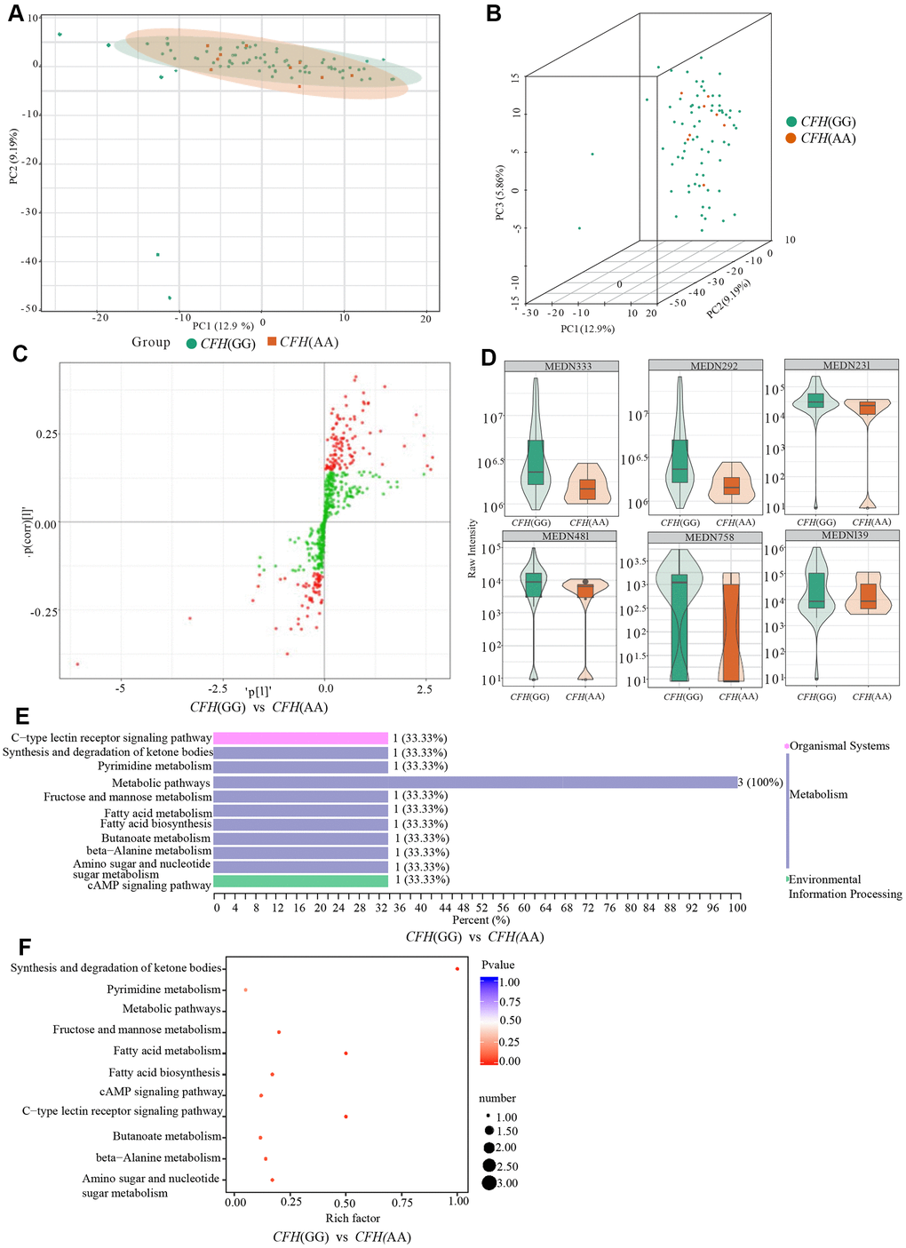 Comparison of genotypes GG and AG of CFH rs800292. (A) shows the two-dimensional PCA map of the degree of variation between the two groups of genotypes GG and AA, and (B) is the 3D images of PCA results of them. (C) is the OPLS-DA S-plot of CFH genotypes GG and AA. The abscissa represents the correlation coefficient of the principal component and metabolite, and the ordinate represents the correlation coefficient of the principal component and metabolite. The red dots indicate that the metabolites have VIP values greater than or equal to 1, and the green dots indicate that the metabolites have VIP values less than 1. (D) shows Relative contents of differential metabolites between CFH genotypes GG and AA. (E, F) are the results of KEGG classification and enrichment of differential metabolites between-group genotypes GG and group AA of CFH.