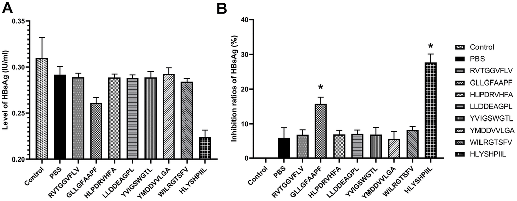 HBV gene expression assay. HepG2.2.15 cells were co-cultured with epitope-specific T cells. The HBsAg level of each group was shown in (A), and the inhibition ratio of HBsAg was shown in (B). The control group was HepG2.2.15 cells cultured without T cells, and the PBS group was HepG2.2.15 cells co-cultured with T cells stimulated by PBS. The mean ± SD from 3 independent experiments is shown. *Statistically significant compared to the PBS group.