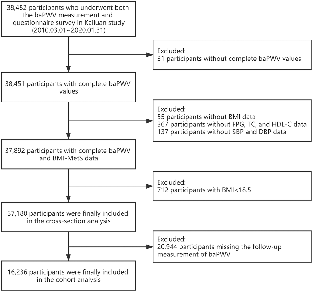 Flow chart for selection of study participants. baPWV, branchial-ankle pulse wave velocity; BMI, body mass index; FBG, fasting blood glucose; TC, total cholesterol; HDL-C, high-density lipoprotein cholesterol; SBP, systolic blood pressure; DBP, diastolic blood pressure; MetS, metabolic syndrome.