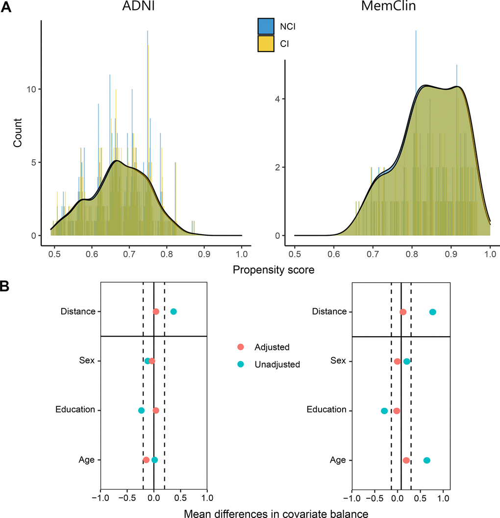 Propensity score matching diagnostics in the ADNI and MemClin datasets. (A) Patient counts after matching are shown as a function of their individual propensity score and overlayed with density plots, stratified by level of cognitive impairment. (B) Mean distance followed by single-covariate balance by group calculated before (Unadjusted) and after (Adjusted) matching. ADNI matched: n CI= 392, n NCI = 392. MemClin matched: n CI = 143, n NCI = 143. ADNI, Alzheimer’s Disease Neuroimaging Initiative; MemClin, Memory Clinic Project; CI, cognitive impairment; NCI, no cognitive impairment.