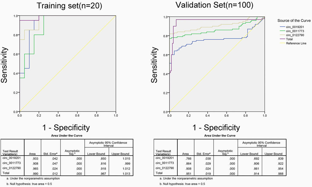 ROC analysis of the three potential biomarkers for LSCC by using risk score analysis.