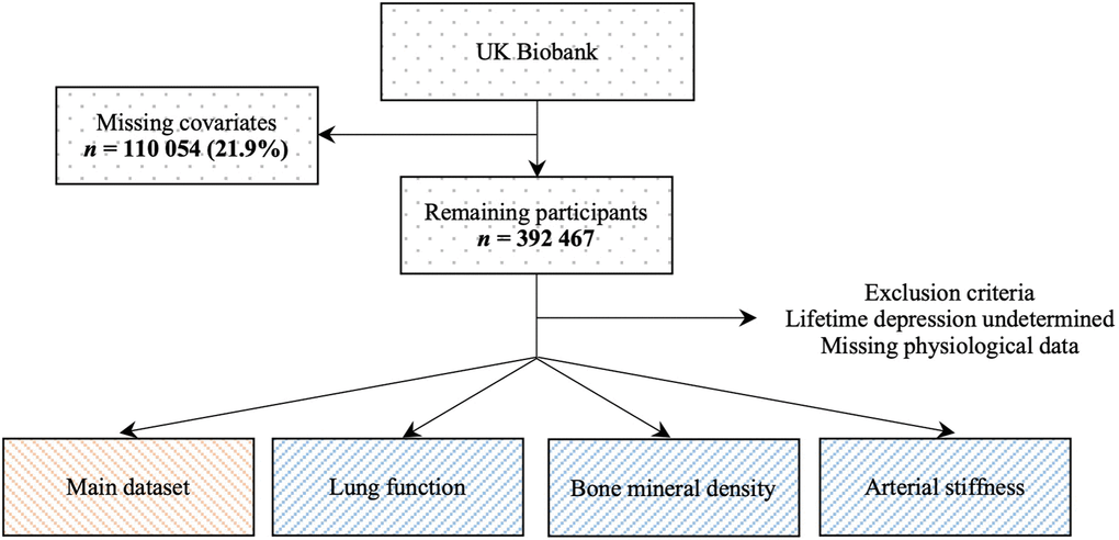 Flowchart of study population. The main dataset included hand-grip strength, blood pressure, pulse rate and measures of body composition.