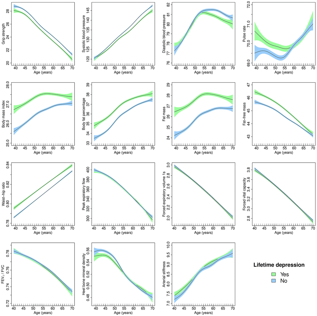 Generalised additive models of age-related changes in physiological measures in females with lifetime depression and healthy controls. The solid lines represent physiological measures against smoothing functions of age. The shaded areas correspond to approximate 95% confidence intervals (± 2 × standard error). FEV1, forced expiratory volume in one second; FVC, forced vital capacity.