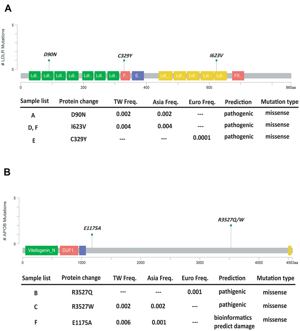 Lollipop plot to highlight our mutation patterns of LDLR (A) and APOB (B).